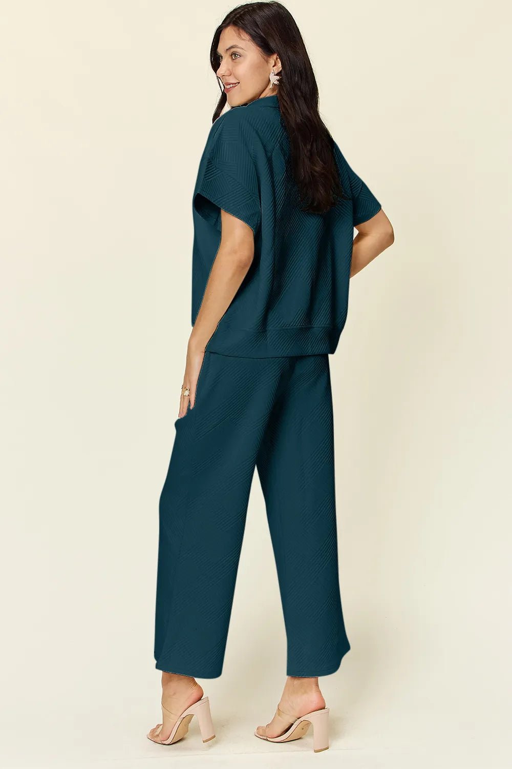 Double Take Full Size Texture Half Zip Short Sleeve Top and Pants Set - Blu Lotus Boutique