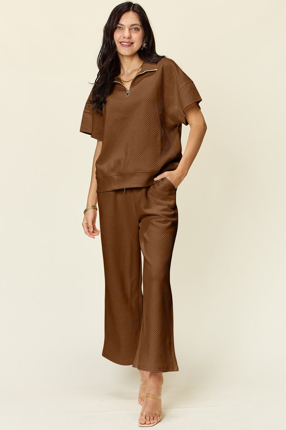 Double Take Full Size Texture Half Zip Short Sleeve Top and Pants Set - Blu Lotus Boutique
