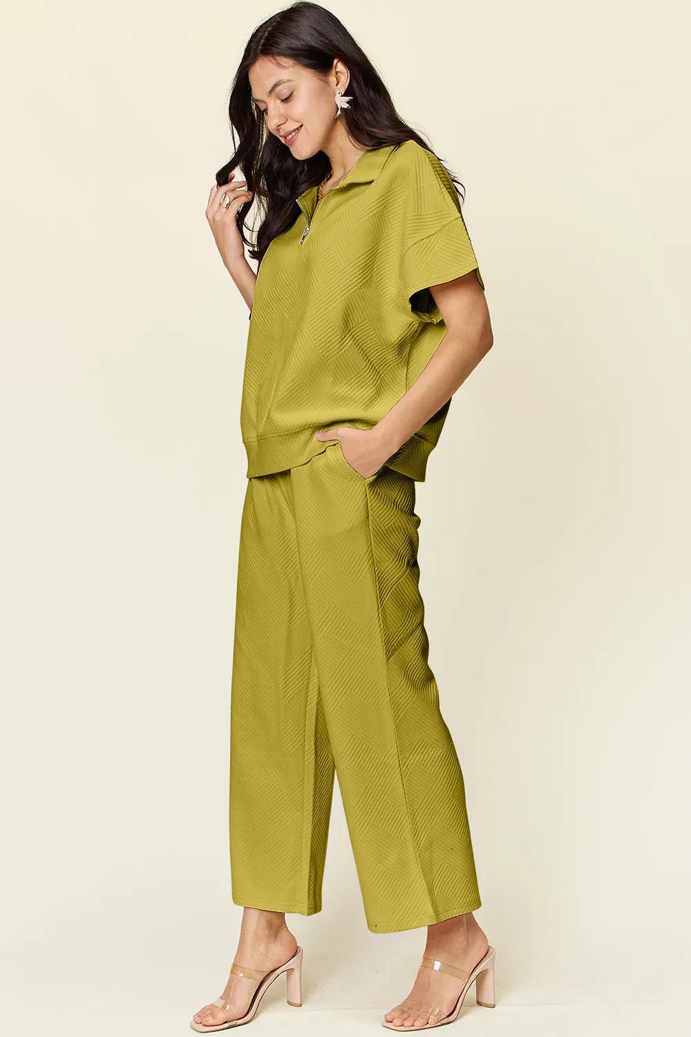 Double Take Full Size Texture Half Zip Short Sleeve Top and Pants Set - Blu Lotus Boutique