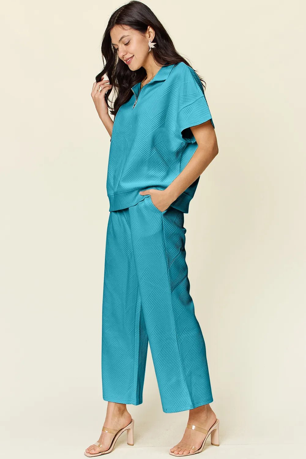 Double Take Full Size Texture Half Zip Short Sleeve Top and Pants Set - Blu Lotus Boutique