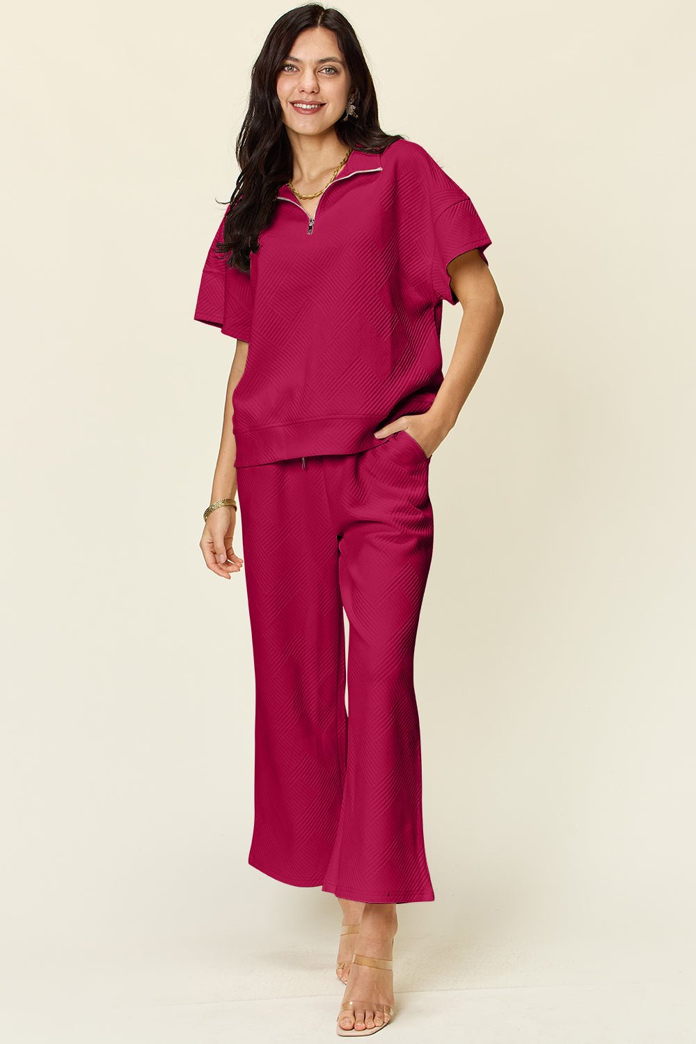 Double Take Full Size Texture Half Zip Short Sleeve Top and Pants Set - Blu Lotus Boutique