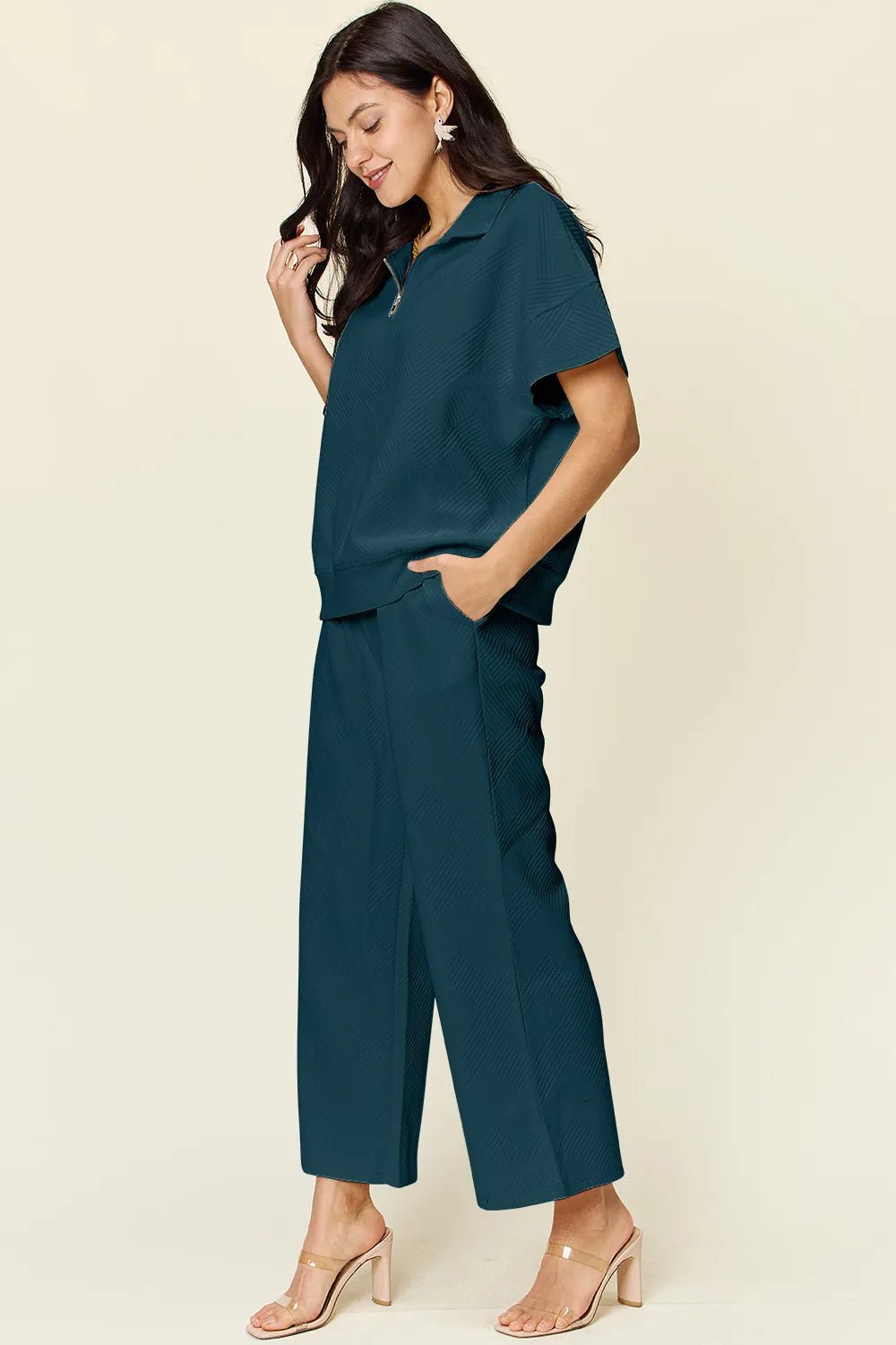 Double Take Full Size Texture Half Zip Short Sleeve Top and Pants Set - Blu Lotus Boutique
