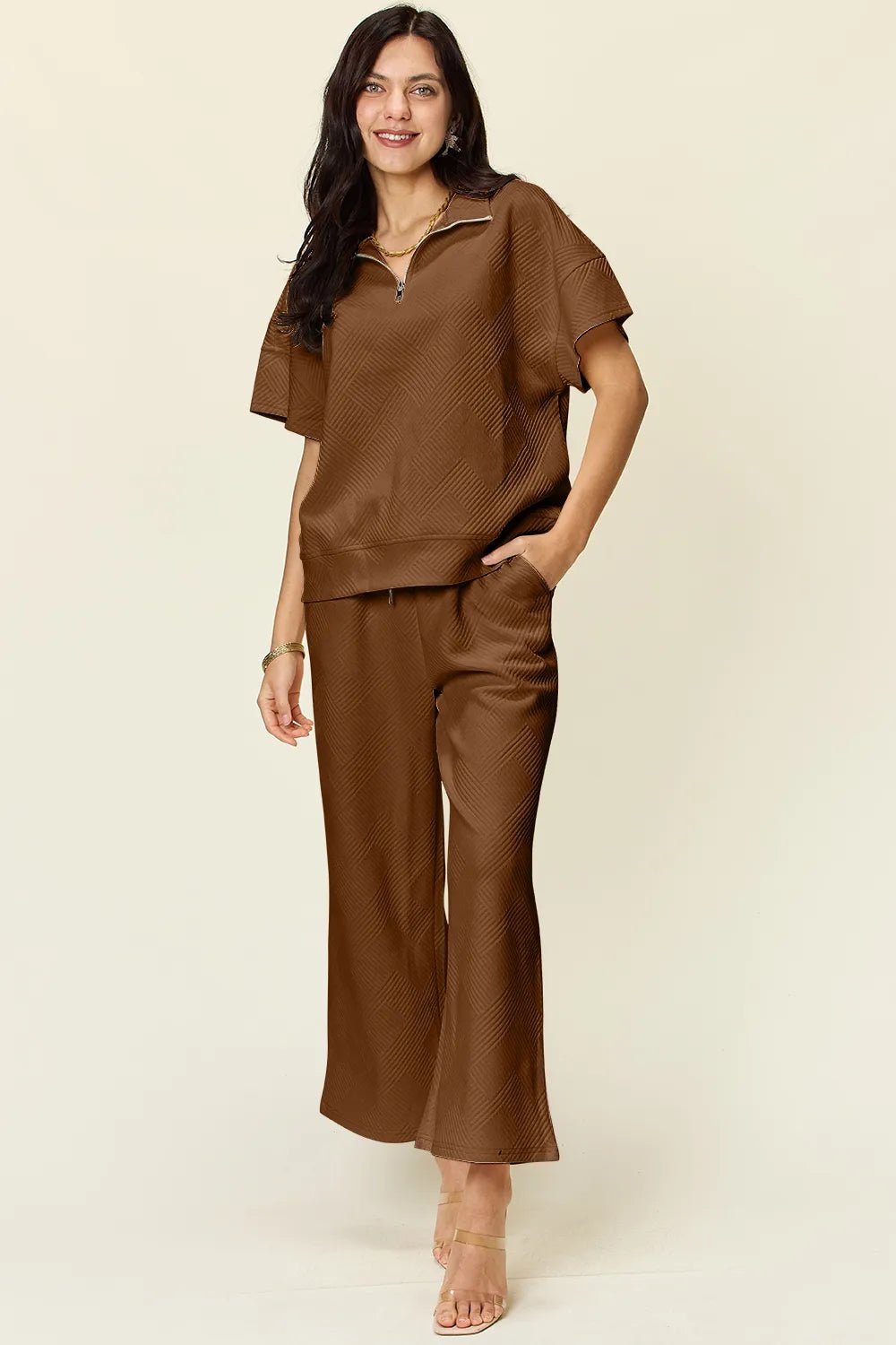 Double Take Full Size Texture Half Zip Short Sleeve Top and Pants Set - Blu Lotus Boutique