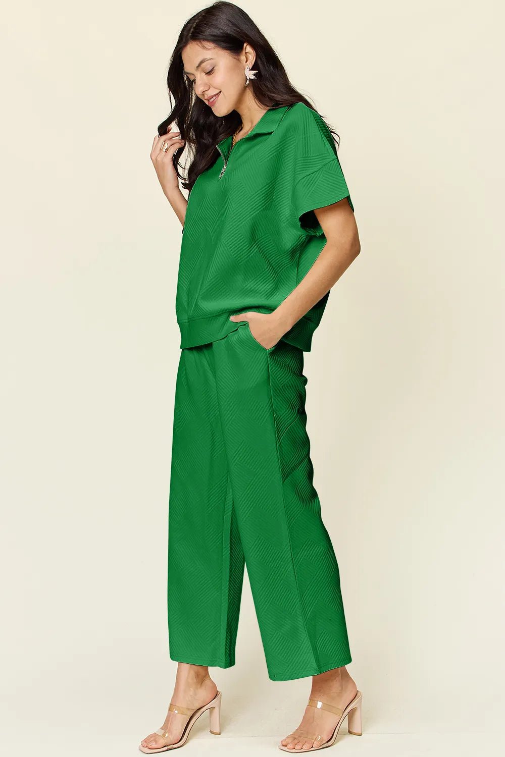 Double Take Full Size Texture Half Zip Short Sleeve Top and Pants Set - Blu Lotus Boutique