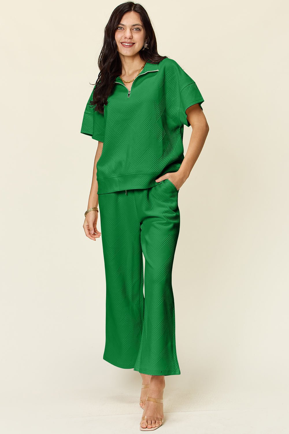 Double Take Full Size Texture Half Zip Short Sleeve Top and Pants Set - Blu Lotus Boutique