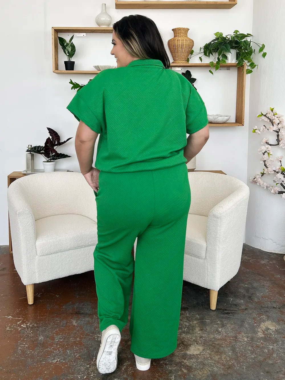 Double Take Full Size Texture Half Zip Short Sleeve Top and Pants Set - Blu Lotus Boutique