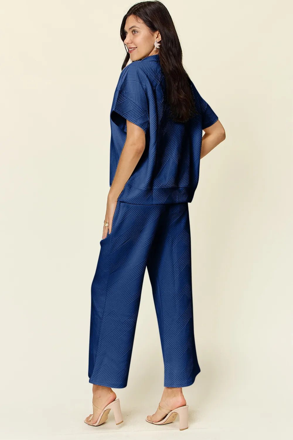 Double Take Full Size Texture Half Zip Short Sleeve Top and Pants Set - Blu Lotus Boutique
