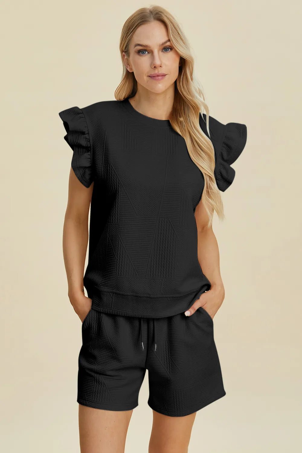 Double Take Full Size Texture Round Neck Ruffle Sleeve Top and Shorts Set - Blu Lotus Boutique