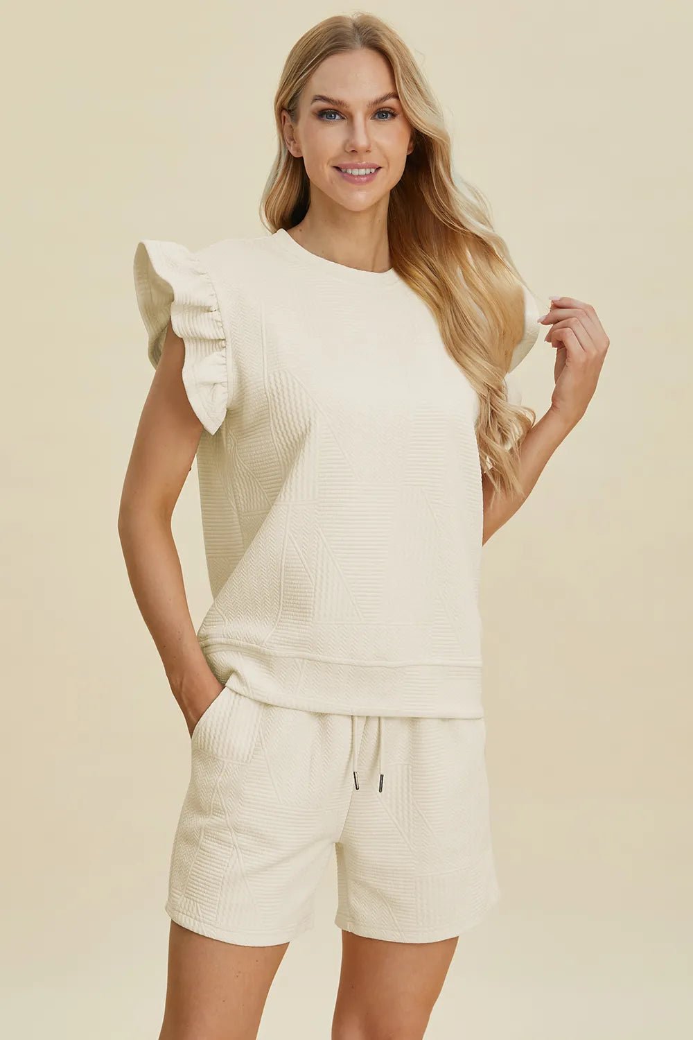 Double Take Full Size Texture Round Neck Ruffle Sleeve Top and Shorts Set - Blu Lotus Boutique