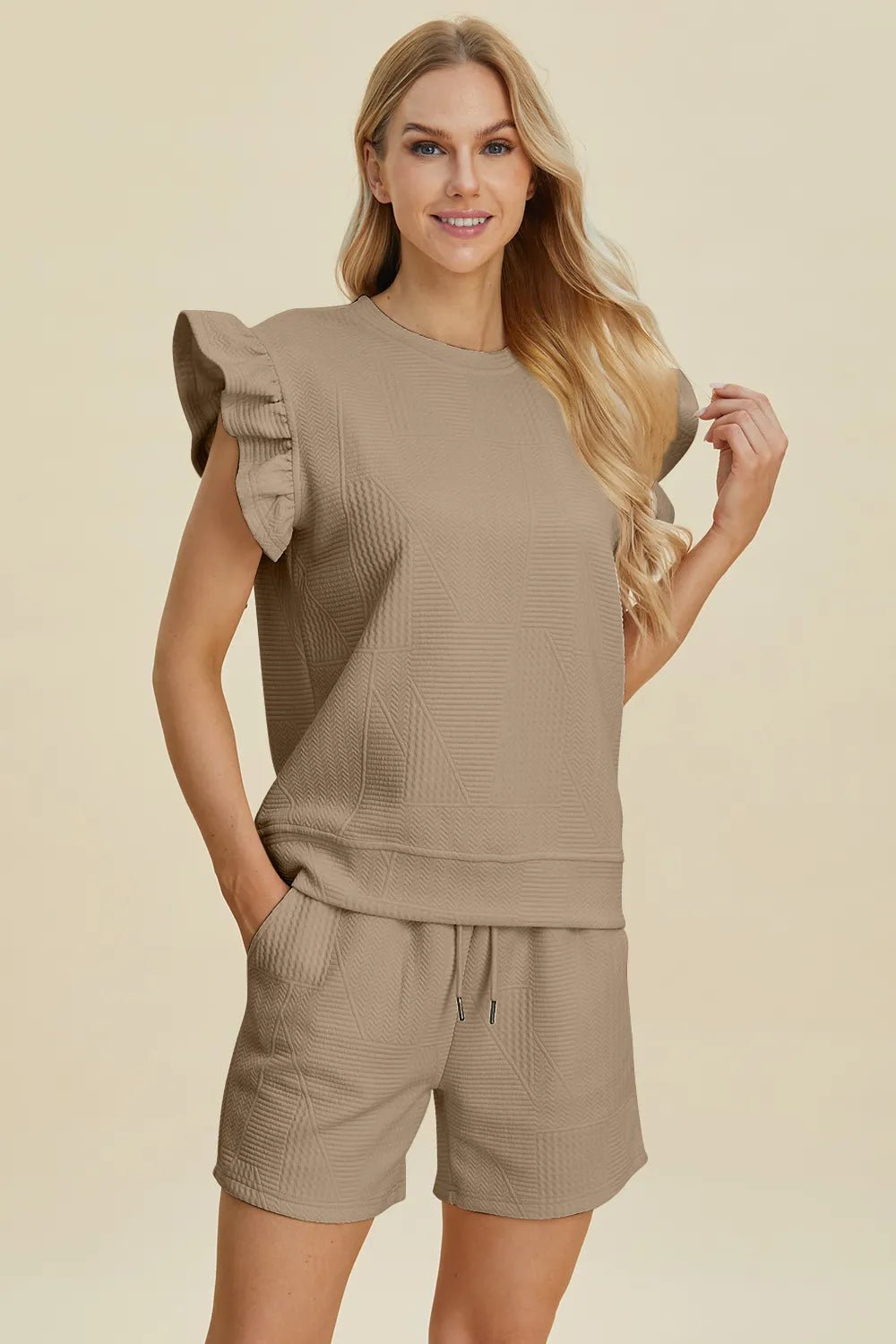 Double Take Full Size Texture Round Neck Ruffle Sleeve Top and Shorts Set - Blu Lotus Boutique