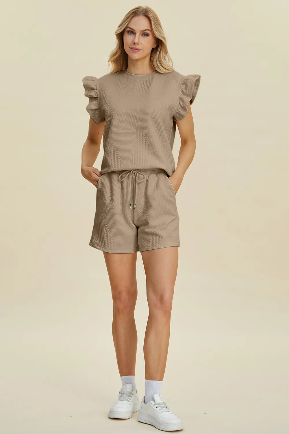 Double Take Full Size Texture Round Neck Ruffle Sleeve Top and Shorts Set - Blu Lotus Boutique