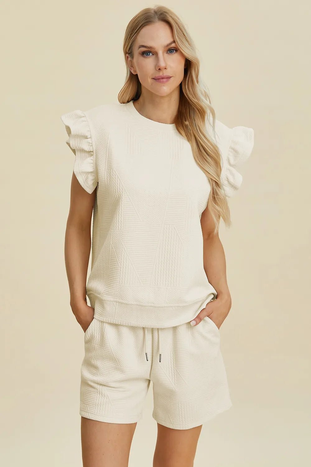 Double Take Full Size Texture Round Neck Ruffle Sleeve Top and Shorts Set - Blu Lotus Boutique