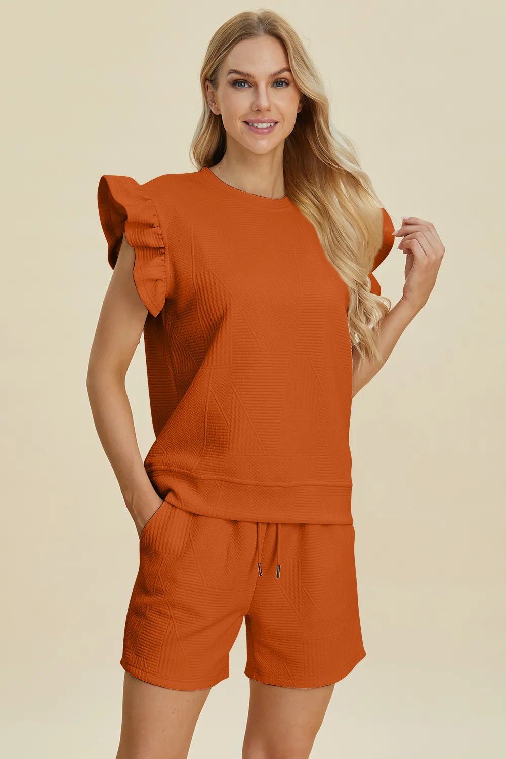 Double Take Full Size Texture Round Neck Ruffle Sleeve Top and Shorts Set - Blu Lotus Boutique