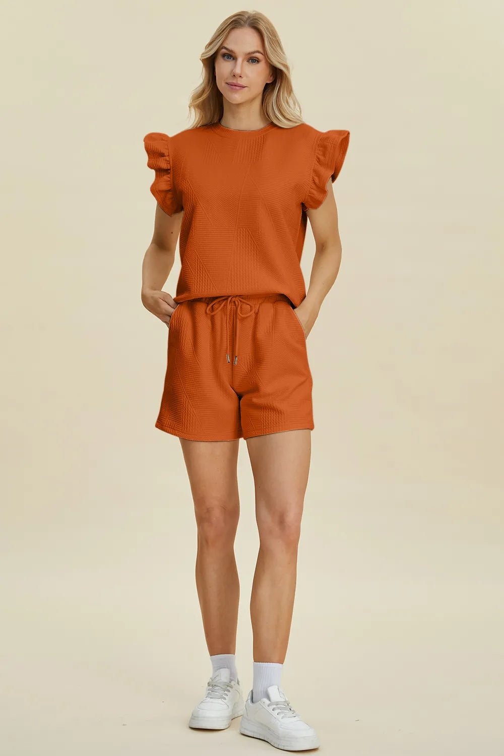 Double Take Full Size Texture Round Neck Ruffle Sleeve Top and Shorts Set - Blu Lotus Boutique