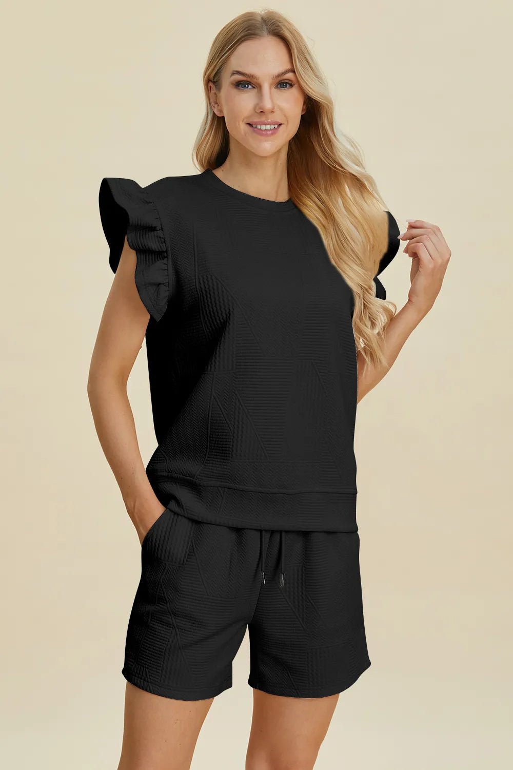 Double Take Full Size Texture Round Neck Ruffle Sleeve Top and Shorts Set - Blu Lotus Boutique