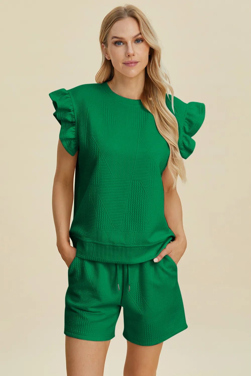Double Take Full Size Texture Round Neck Ruffle Sleeve Top and Shorts Set - Blu Lotus Boutique