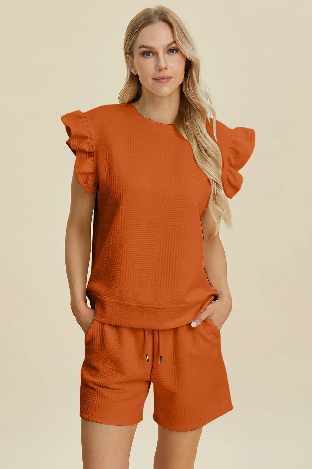 Double Take Full Size Texture Round Neck Ruffle Sleeve Top and Shorts Set - Blu Lotus Boutique