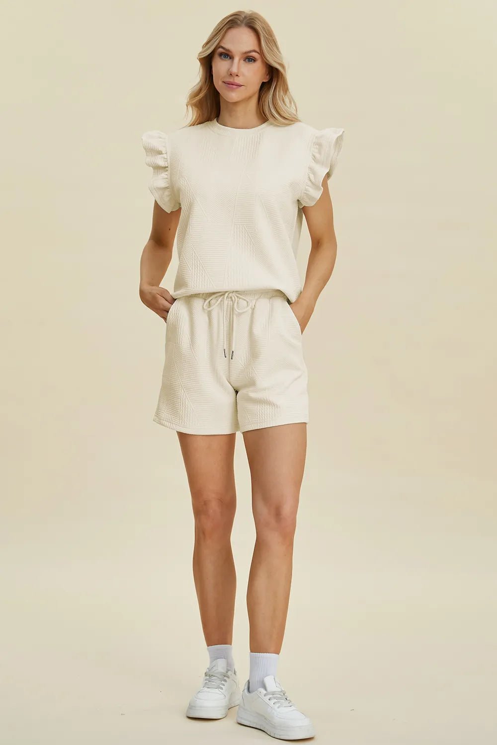 Double Take Full Size Texture Round Neck Ruffle Sleeve Top and Shorts Set - Blu Lotus Boutique