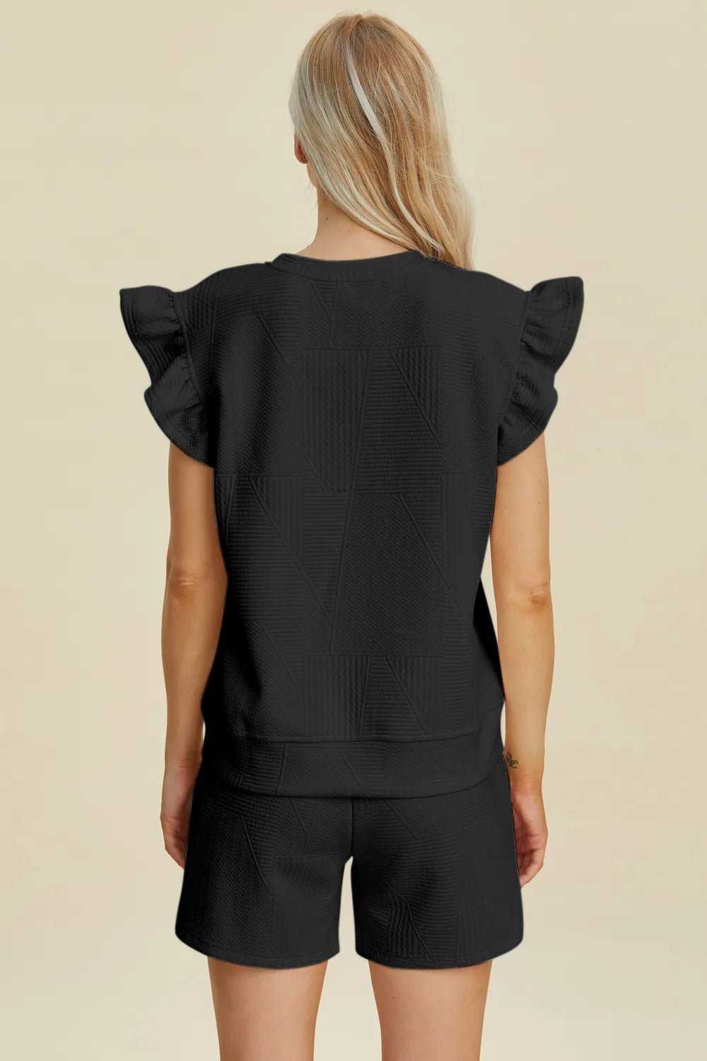 Double Take Full Size Texture Round Neck Ruffle Sleeve Top and Shorts Set - Blu Lotus Boutique