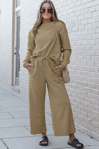 Double Take Full Size Textured Long Sleeve Top and Drawstring Pants Set - Blu Lotus Boutique