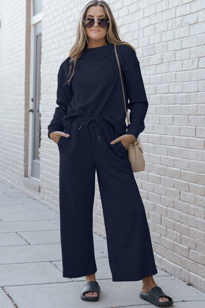 Double Take Full Size Textured Long Sleeve Top and Drawstring Pants Set - Blu Lotus Boutique