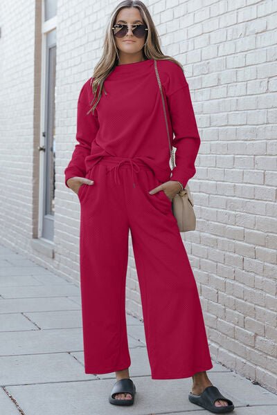 Double Take Full Size Textured Long Sleeve Top and Drawstring Pants Set - Blu Lotus Boutique