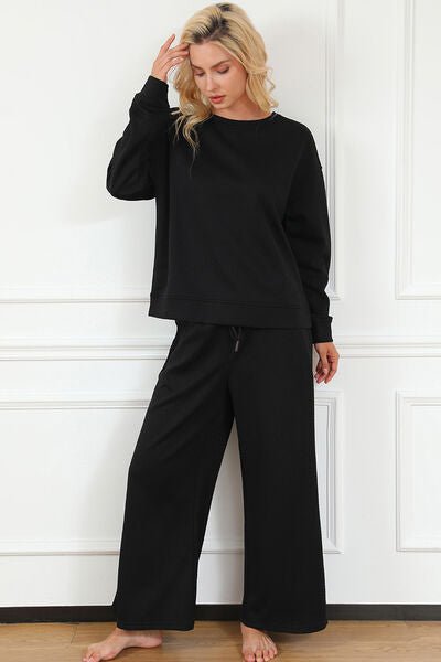 Double Take Full Size Textured Long Sleeve Top and Drawstring Pants Set - Blu Lotus Boutique