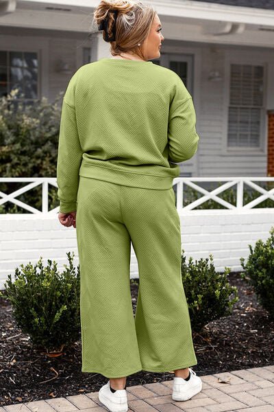 Double Take Full Size Textured Long Sleeve Top and Drawstring Pants Set - Blu Lotus Boutique