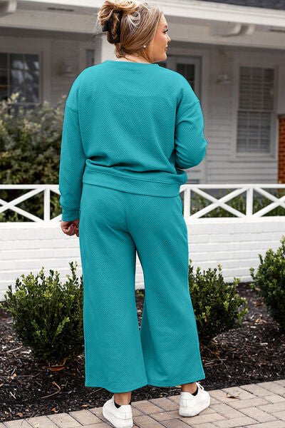Double Take Full Size Textured Long Sleeve Top and Drawstring Pants Set - Blu Lotus Boutique