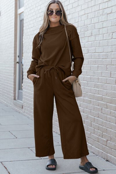 Double Take Full Size Textured Long Sleeve Top and Drawstring Pants Set - Blu Lotus Boutique