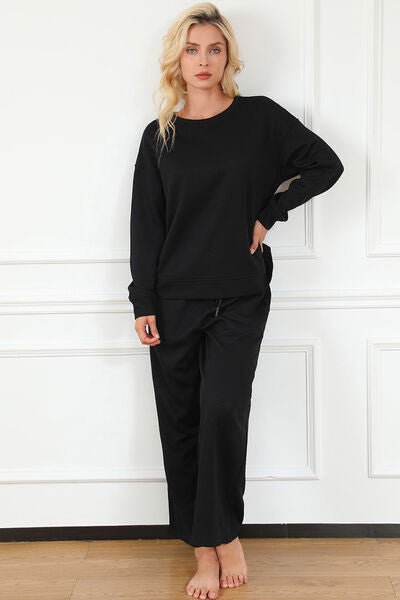 Double Take Full Size Textured Long Sleeve Top and Drawstring Pants Set - Blu Lotus Boutique