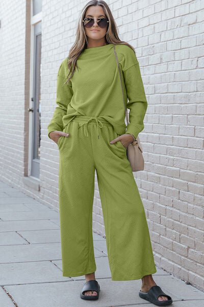 Double Take Full Size Textured Long Sleeve Top and Drawstring Pants Set - Blu Lotus Boutique