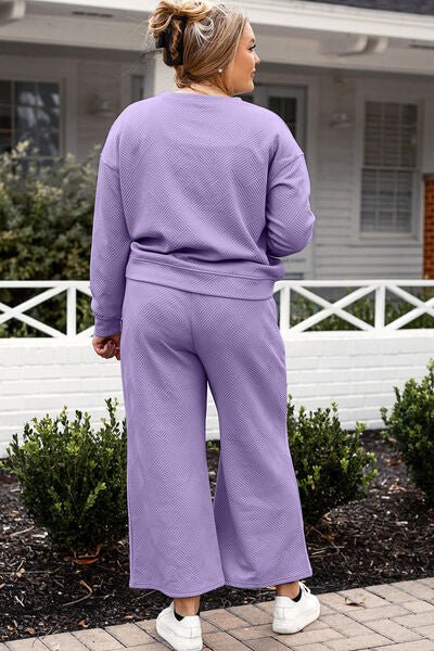 Double Take Full Size Textured Long Sleeve Top and Drawstring Pants Set - Blu Lotus Boutique