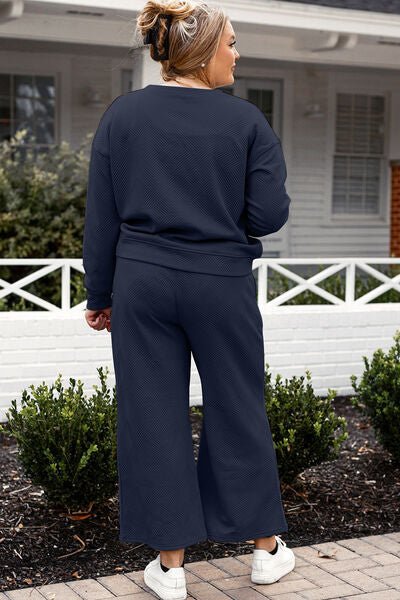 Double Take Full Size Textured Long Sleeve Top and Drawstring Pants Set - Blu Lotus Boutique
