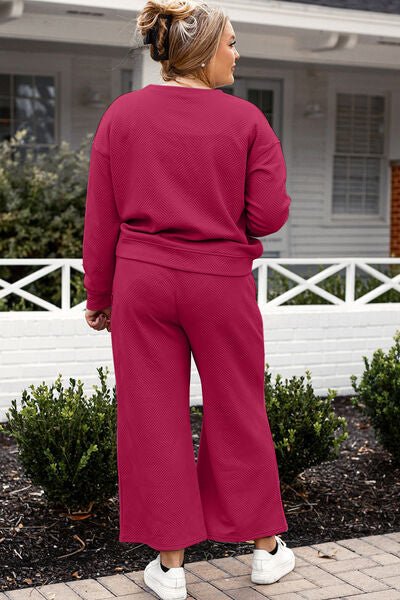 Double Take Full Size Textured Long Sleeve Top and Drawstring Pants Set - Blu Lotus Boutique