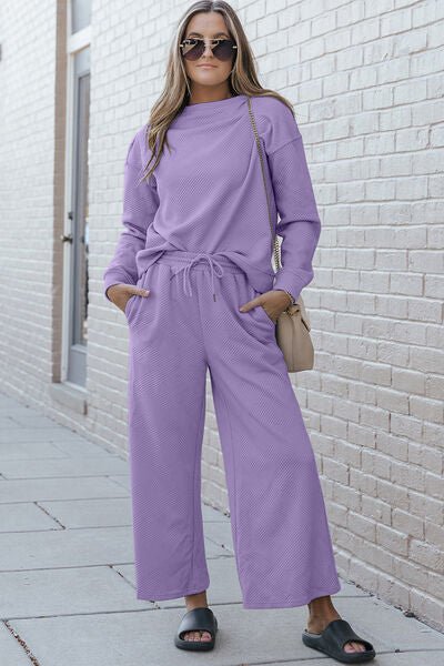 Double Take Full Size Textured Long Sleeve Top and Drawstring Pants Set - Blu Lotus Boutique
