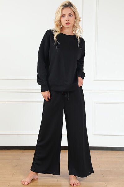 Double Take Full Size Textured Long Sleeve Top and Drawstring Pants Set - Blu Lotus Boutique