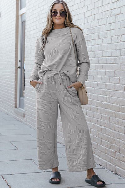 Double Take Full Size Textured Long Sleeve Top and Drawstring Pants Set - Blu Lotus Boutique