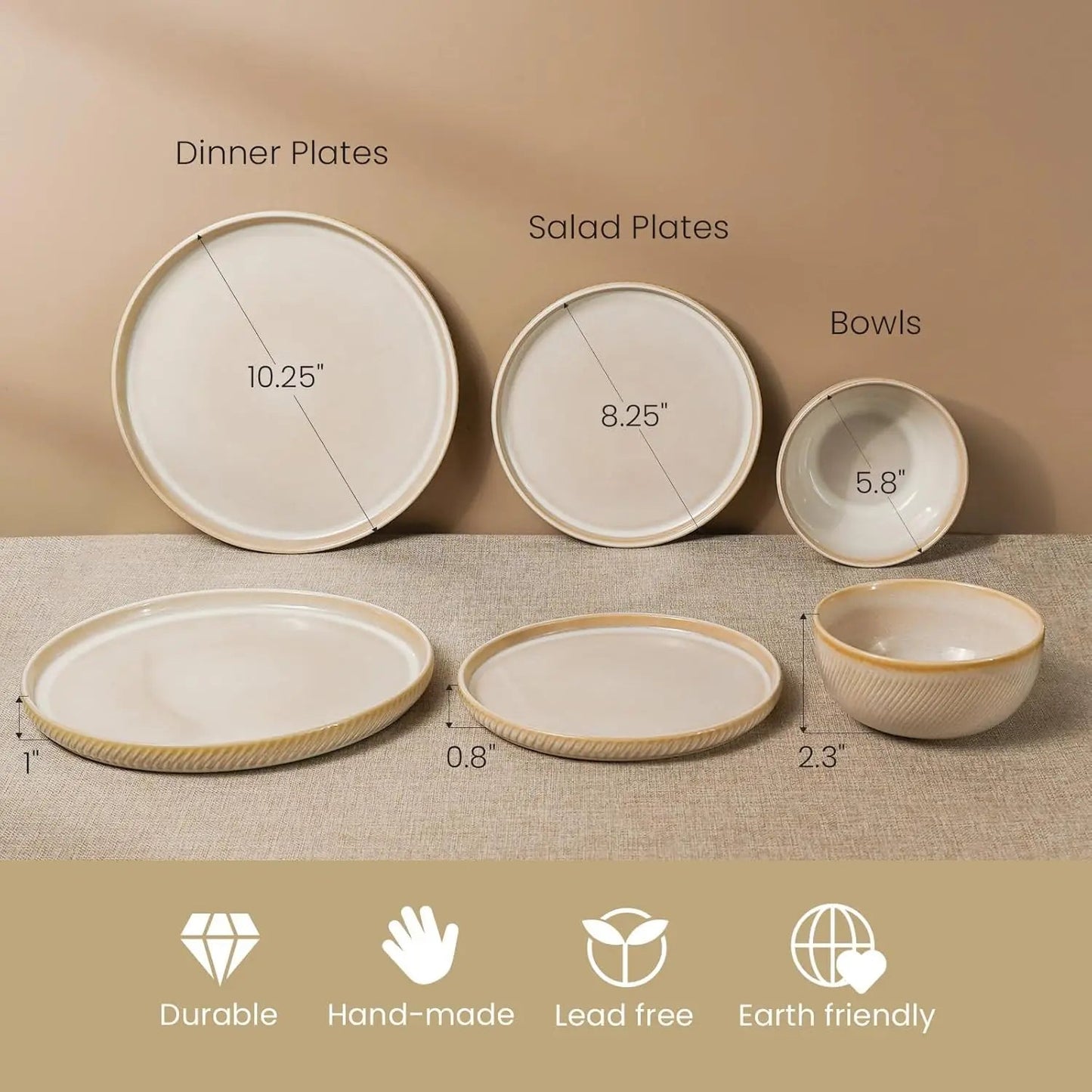 Earthsong Dinnerware Sets for 8, 24 - Piece Ceramic Plates and Bowls Set, Dishwasher and Microwave Safe Stoneware Dishes Set, Ribb - Blu Lotus Boutique