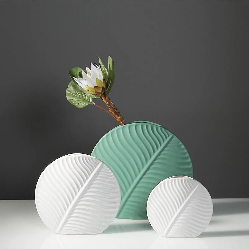 European Ceramic Vase Living Room Decoration Flower Arrangement Vase Desktop Creative Green Leaf Flower Arrangement Ornament - Blu Lotus Boutique