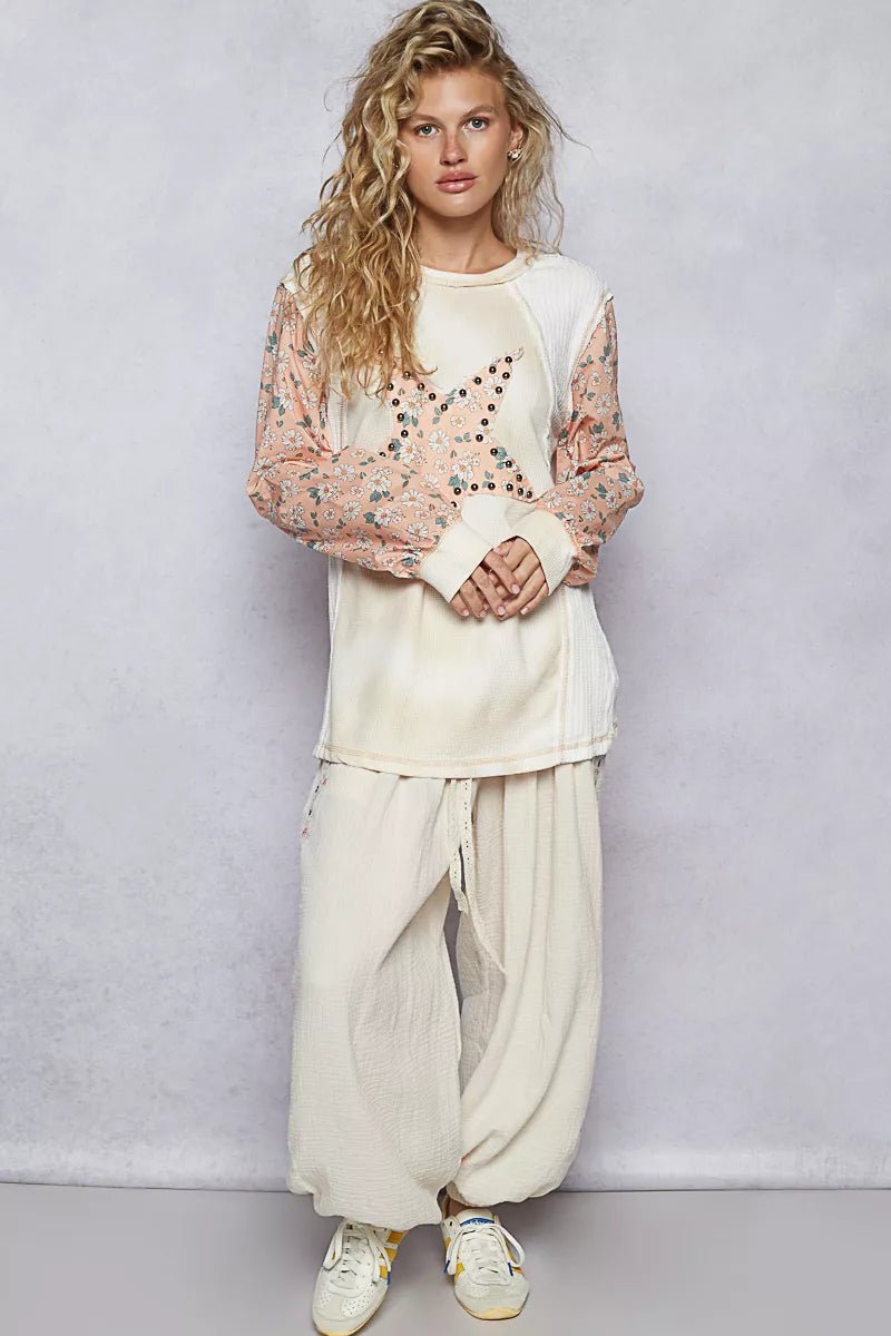 Exposed Seam Star Patch Thermal Top with Floral Sleeves - Blu Lotus Boutique