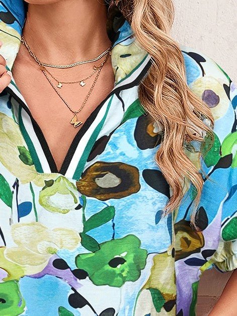 Floral Boho Shirred Bubble Viscose Stripe Blouse - Blu Lotus Boutique