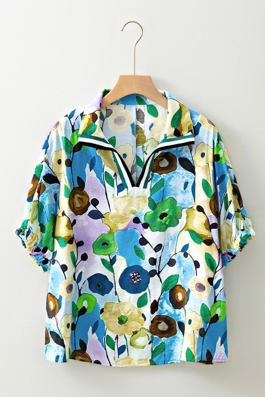 Floral Boho Shirred Bubble Viscose Stripe Blouse - Blu Lotus Boutique