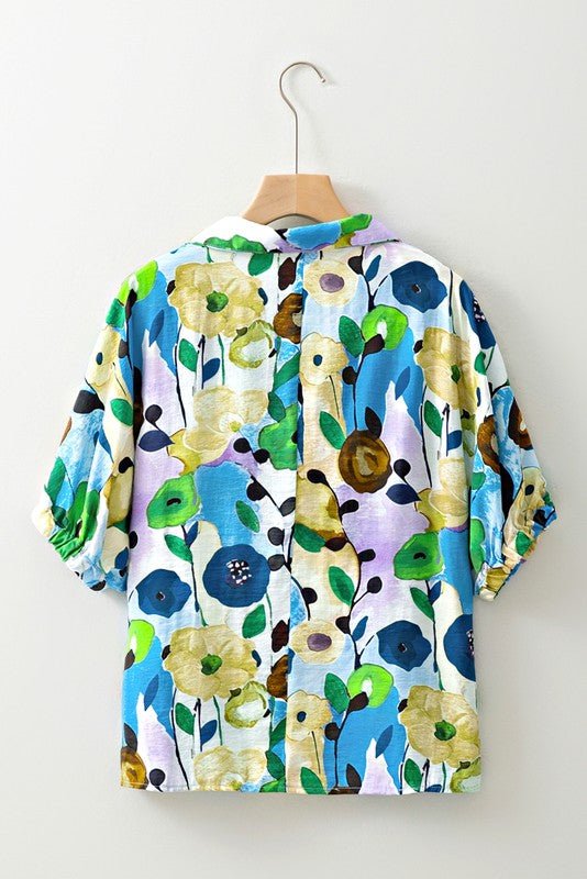 Floral Boho Shirred Bubble Viscose Stripe Blouse - Blu Lotus Boutique