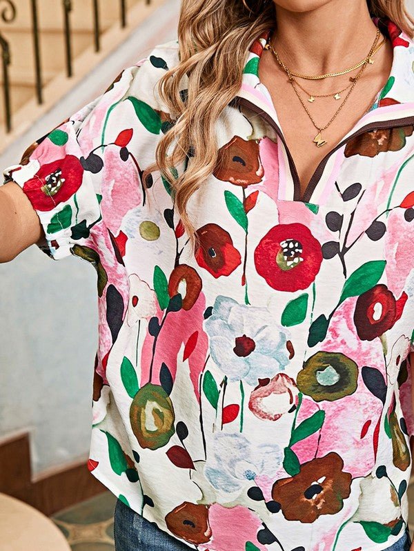 Floral Boho Shirred Bubble Viscose Stripe Blouse - Blu Lotus Boutique