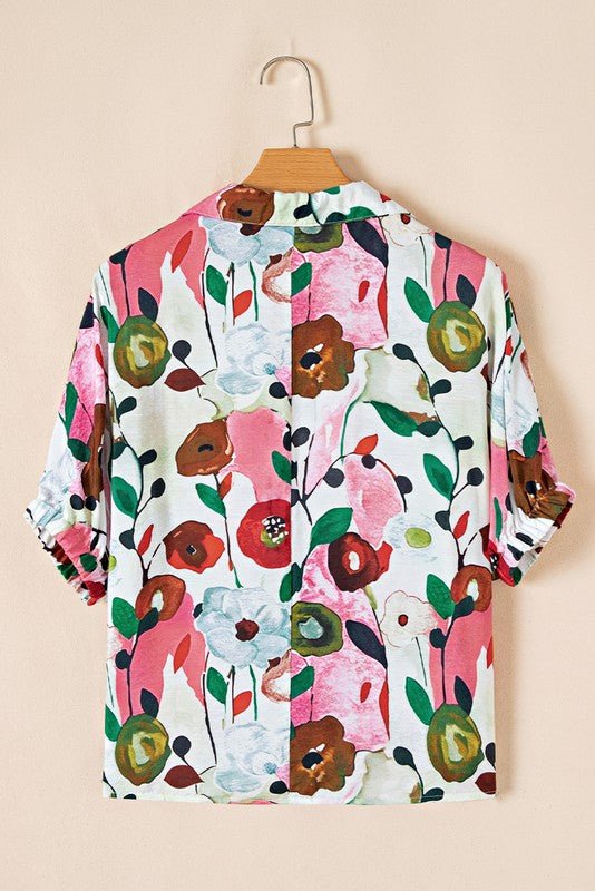 Floral Boho Shirred Bubble Viscose Stripe Blouse - Blu Lotus Boutique