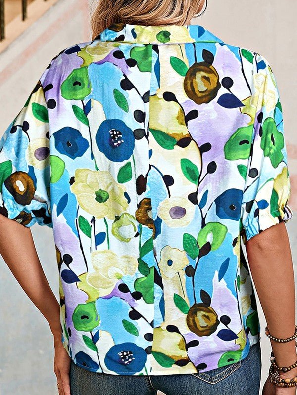 Floral Boho Shirred Bubble Viscose Stripe Blouse - Blu Lotus Boutique
