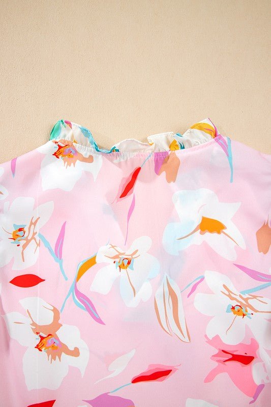 Floral Patchwork Frill Notched Neck Ruffle Blouse - Blu Lotus Boutique