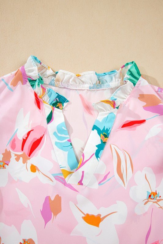 Floral Patchwork Frill Notched Neck Ruffle Blouse - Blu Lotus Boutique