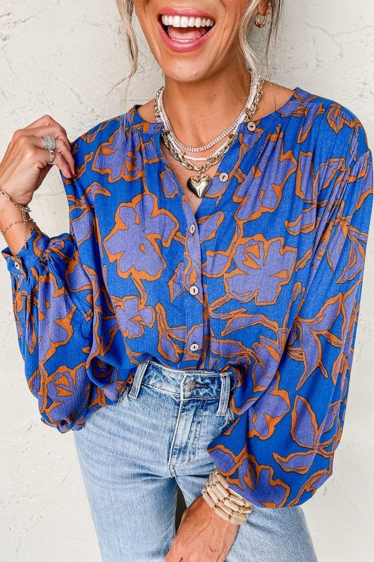 Floral Print Batwing Sleeve Buttoned Fit Shirt - Blu Lotus Boutique